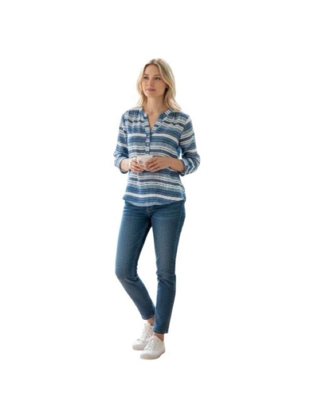 Zac & Rachel Blue Stripe Geometric Long sleeve Blouse Tulip Hem Sz M